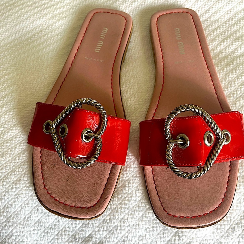 Miu Miu Red Patent Heart Buckle Flat Sandal